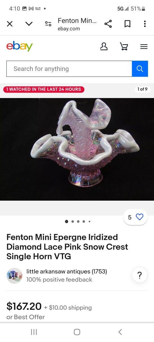 Fenton Mini Epergne Iridized Diamond Lace Pink Overlay Snow Crest Single Horn 