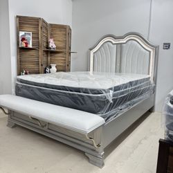 New Queen Bed LED Lights Modern Glam & Bench 