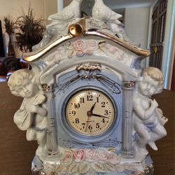 Original Ingraham Table Clock Ceramic Victorian French Cherubs and Doves Regency