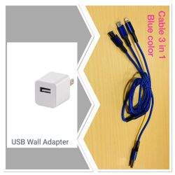 2 pack- usb wall  / Blue  cable 3 in 1 Universal feat iphone,samsung,Android (3feet)