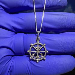 925 Solid Sterling Silver Anchor Wheel Pendant 1" Necklace 0.7mm 18" Box Chain 2.6 grams