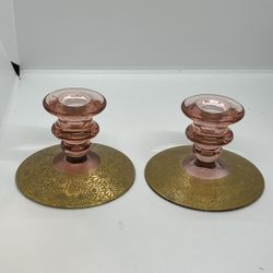 VTG (2)  Pair of Pink Depression Glass w Heavy Etched Gold Floral Candle Holders