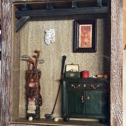 vintage golf-themed shadow box display featuring a miniature diorama of a club scene