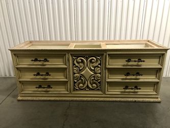 Large solid wood carvings, marble top dresser, two end tables, and headboard-PRICE REDUCED
