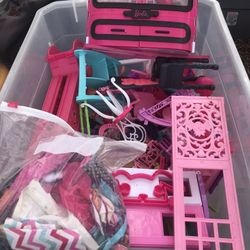 Large Tote Full Of Barbie Furniture Motel And Clothes Etc. Everything Goes For $40