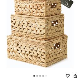14in Wicker Storage Baskets with Lids, Set of 3 Natural Water Hyacinth Decorative Boxes for Shelf, Woven Lidded Baskets for Organizing, Rattan Storage