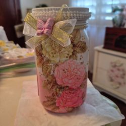 Shabby chic  pink and white mason jar with lid