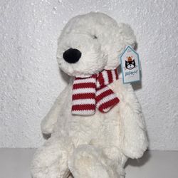 Jellycat BAS3NPB Medium Pax Polar Bear Plush White Teddy W/ Red Scarf 12” NWT