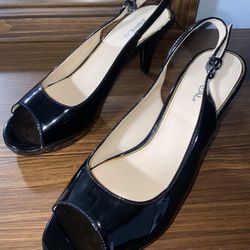 Elegant XAppeal Glossy Black Patent Slingback Heels – Peep-Toe Dress Size 9