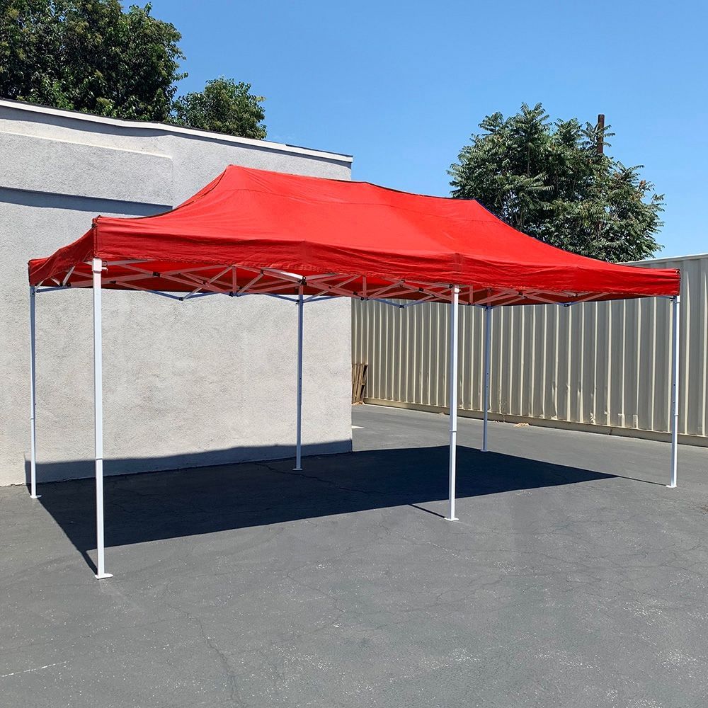 New In Box $185 Heavy-Duty 10x20 ft Popup Canopy Tent Instant Shade w/ Carry Bag Rope Stake, Black/Red