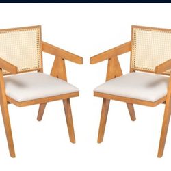 New Wooden Arm RATTAN Dining Chairs, Cane Upholstered Kitchen Chairs With Beige Linen Cushion,Set of 2