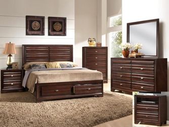 Brand new queen bed frame with drawers dresser mirror chest and nightstand