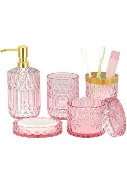 New Pink Bathroom Accessories Set, 5Pcs Clear Glass Pink Bathroom Decor with Lotion Soap Dispenser, Soap Dish, Tumbler, Cotton Swab Jar, Toothbrush Ho