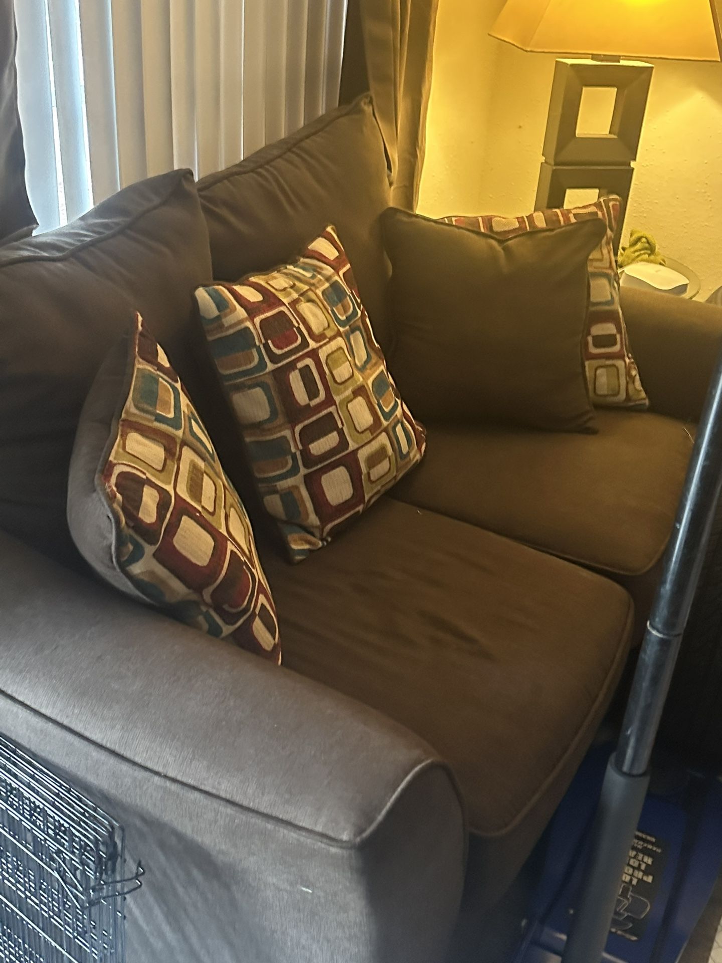 Couch, Loveseat, End Tables And Lamps. Light Brown large Ottoman.