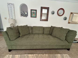 Olive Green Tufted Couch 8.5 ft Dark Wood Legs