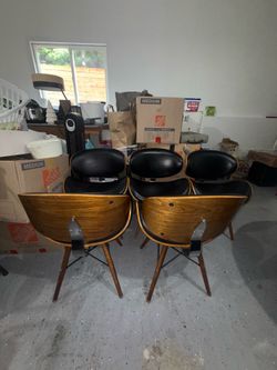 Designer Black Leather and Wood Grain Table Seats Chairs