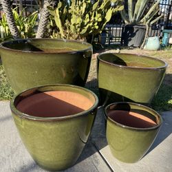 Ceramic Tropical Green Pots-Glazed Round Ceramic Planters.($195 set of 4)