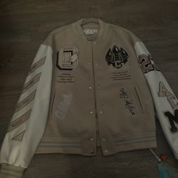 off white varsity jacket tan and white 
