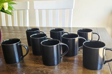 Mikasa Saville Row Black Ribbed Coffee Mugs Set of 8 High Fired Ironstone EUC