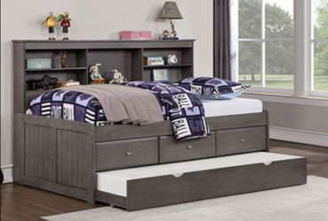 Brand New Grey Twin Size Bed Frame w Trundle Bed + Drawers