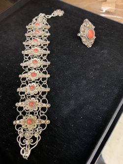 Silver 100% Silver Handcrafted with orange Coral Bracelet 8 inches Ring size 7