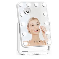 Hollywood Vanity Mirror with 3 Color Lighting Modes& 12 Dimmable LED Bulbs, Touch Control & 360°Rotation,Detachable 5X Magnification Cosmetic Mirror,W