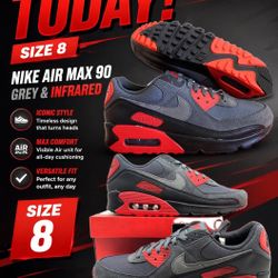 🔥 NIKE AIR MAX 90🔥 SIZE 8 Men’s 100% Authentic Nike . COLOR: Black-Smoke Grey-Iron Grey-Fire Red-Dark Smoke Grey.