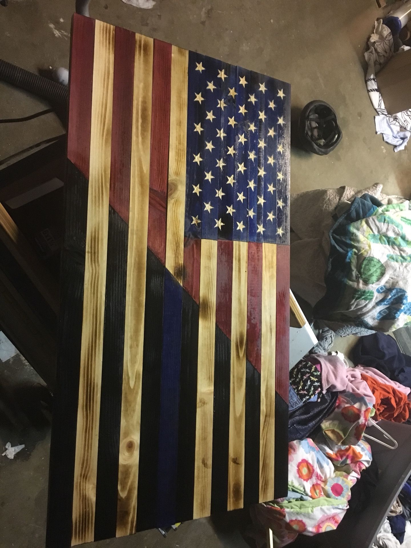 Wood burned half American / half Thin Blue Line Flag