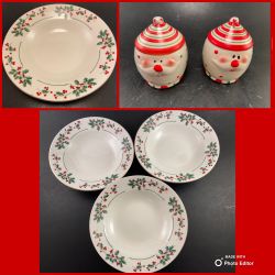 NEW Gibson Christmas Holly Bowls + Free Santa Salt & Pepper Shakers, Bowls great for gifting Goodies