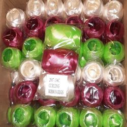 New Sealed (24) 3 Rolls Of Curling Ribbon Kegs, Burgundy, White, And Lime Green.