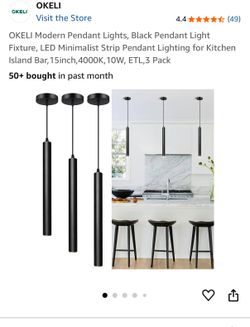 OKELI Modern Pendant Lights, Black Pendant Light Fixture, LED Minimalist Strip Pendant Lighting for Kitchen Island Bar,15inch,4000K,10W, ETL,3 Pack
