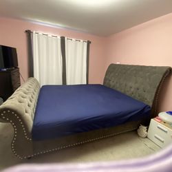 Queen sized Upholstered Velvet Sleigh Bed With Nailhead Trim