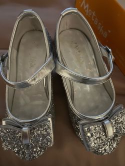 Toddler girls silver glitter bow Mary Jane mini low heels shoes Sz 10