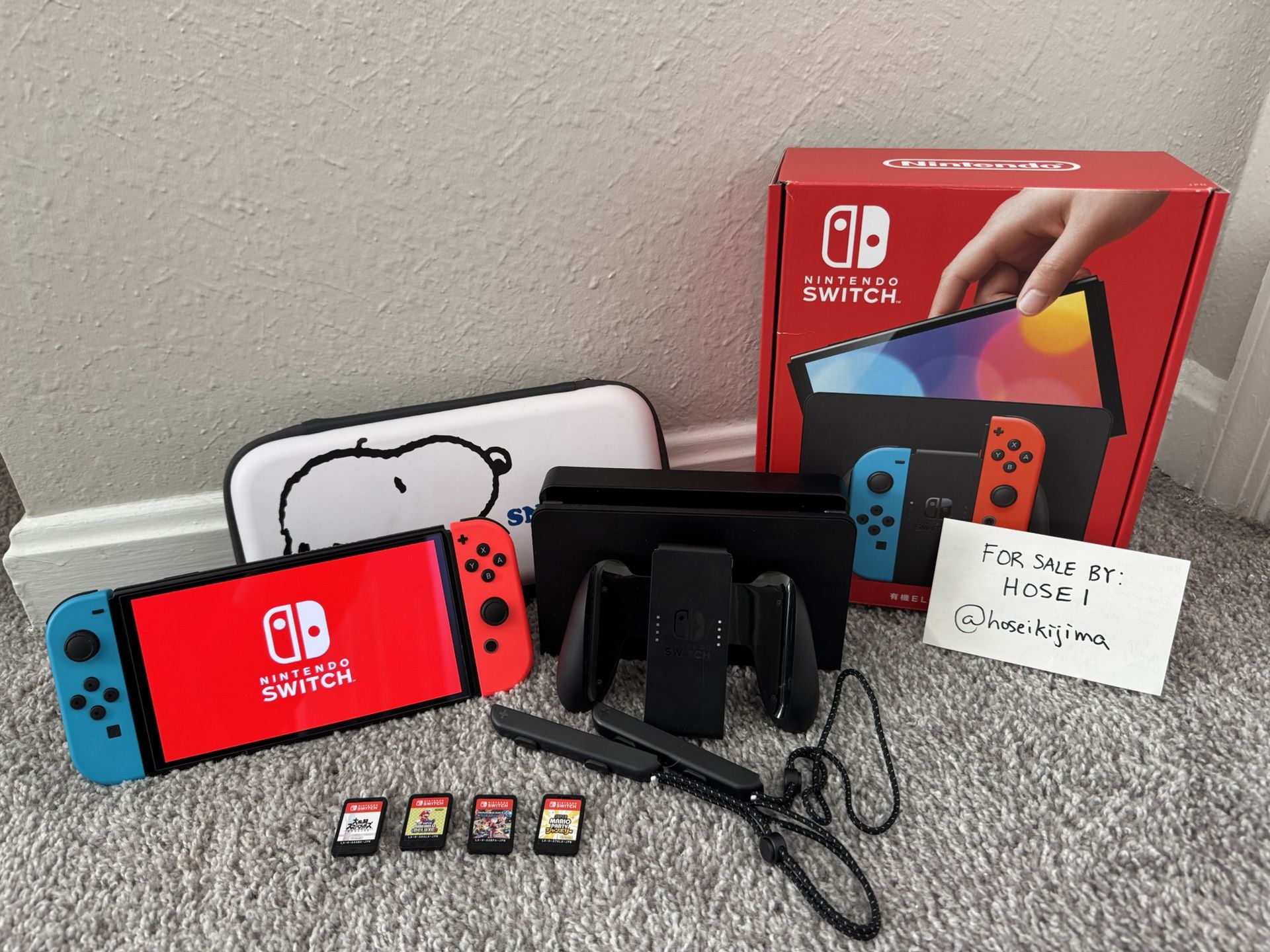 Nintendo Switch OLED (Japanese Model) + 4 Games + Snoopy Carry Case