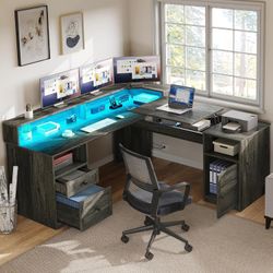 YITAHOME L Shaped Desk With Power Outlets & LED Lights, 60" Corner Computer Desk With Drawers & Lift Top, Home Office Desk With Monitor Stand & File C