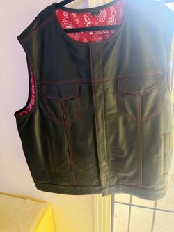 Black Leather Motorcycle Vest Red Stitching