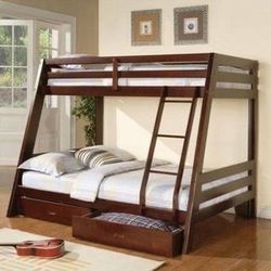 Brand New Brown Twin/Full Bunk Bed with Drawers