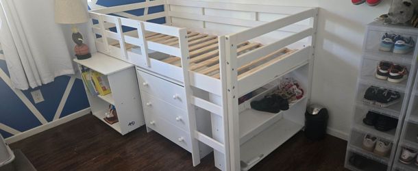 White Kids Loft Bed with Dresser and Shelves