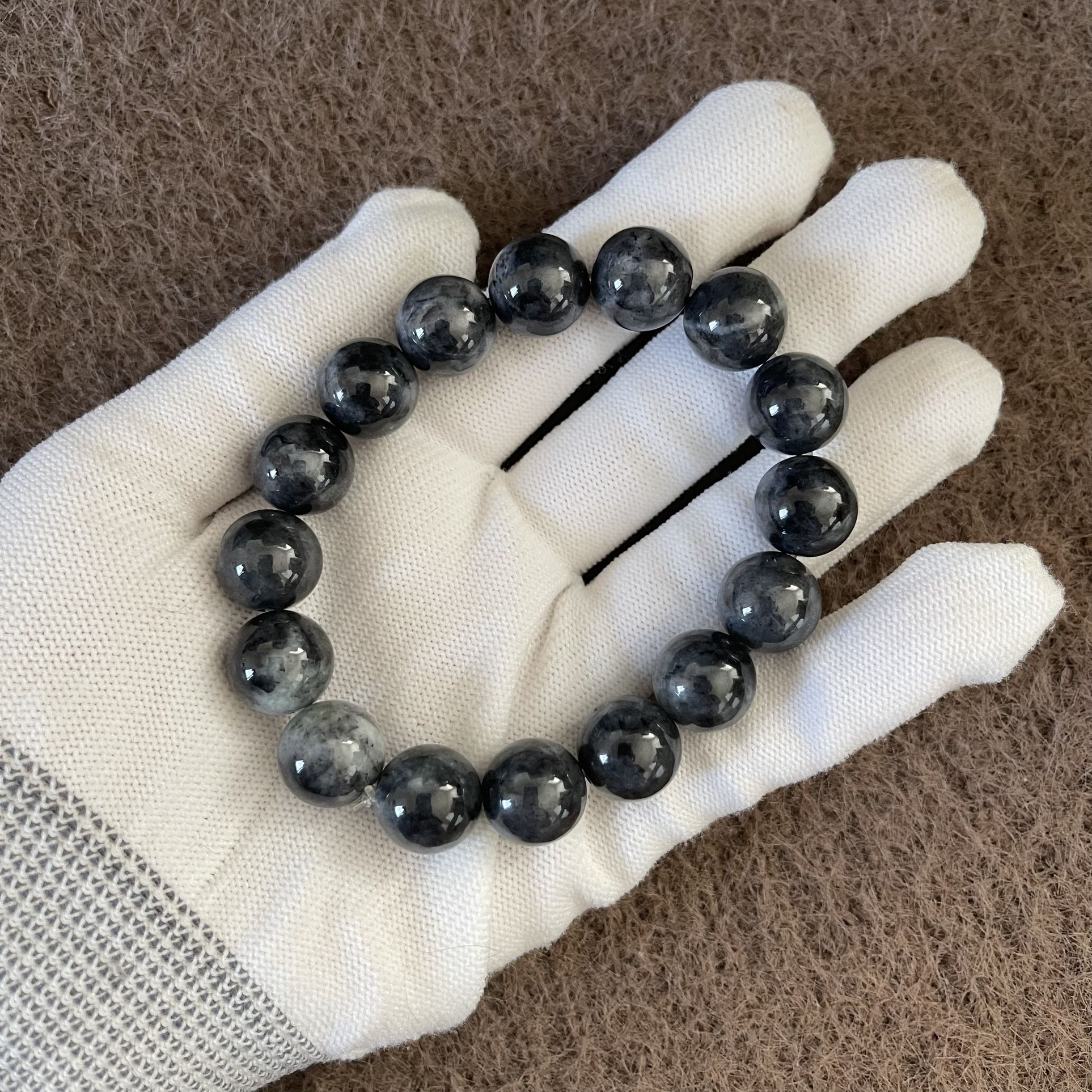 Premium Grade Inky Black Jade Jadeite Bead Bracelet, Antique Gemstone Jewelry