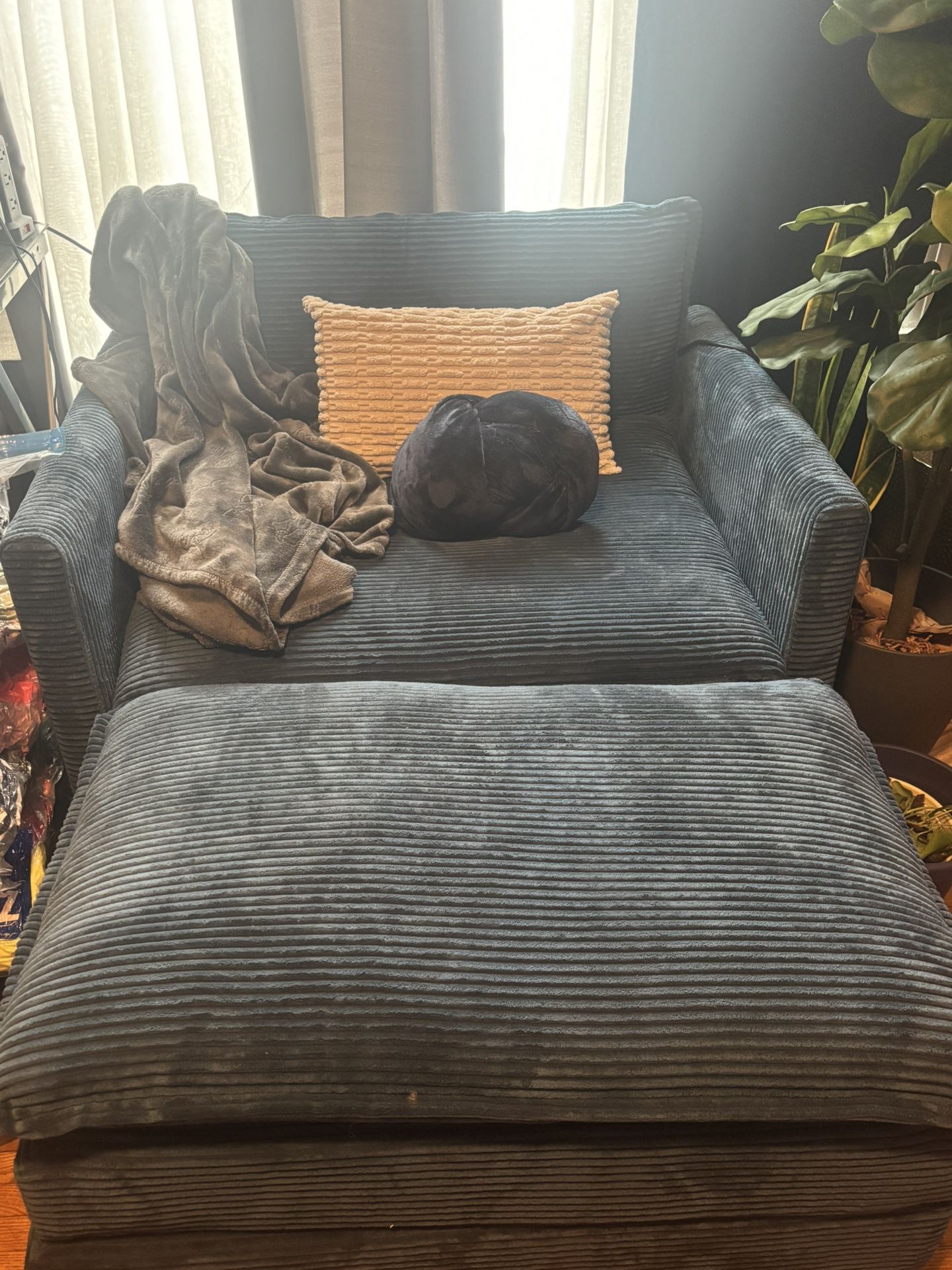 Oversized Chair With Ottoman Blue Corduroy