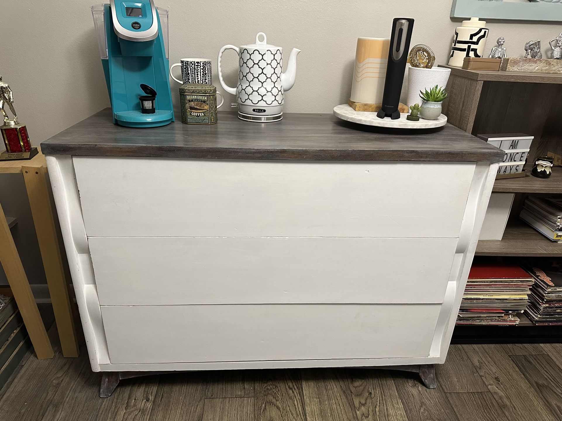 Antique Refurbished White and Brown/Grey 3 Drawer Dresser