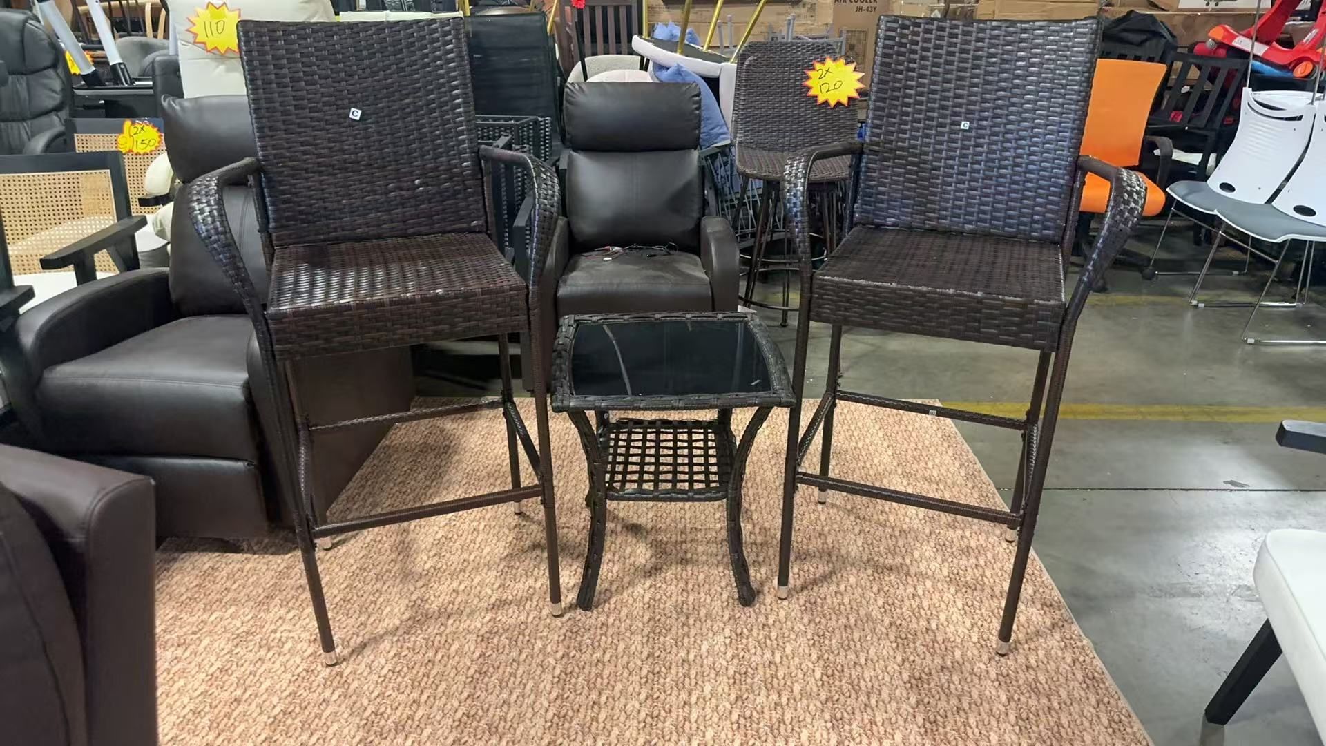 Outdoor 2 PCS Rattan Wicker Bar Stool Dining High Counter Chair with small table