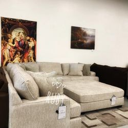 New 💥 L Shape Large Parchment Modular Modern Light Color Cozy Deep Seating Sectional Couch With Chaise @ Sameday Delivery 🚚