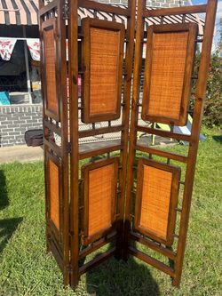 Vintage Solid Wood & Woven Rattan 3-Panel Room Divider / Folding Screen