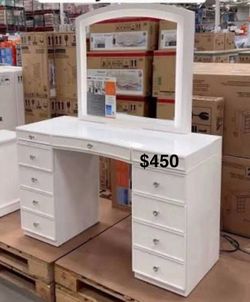 White Vanity Desk with Mirror and Drawers