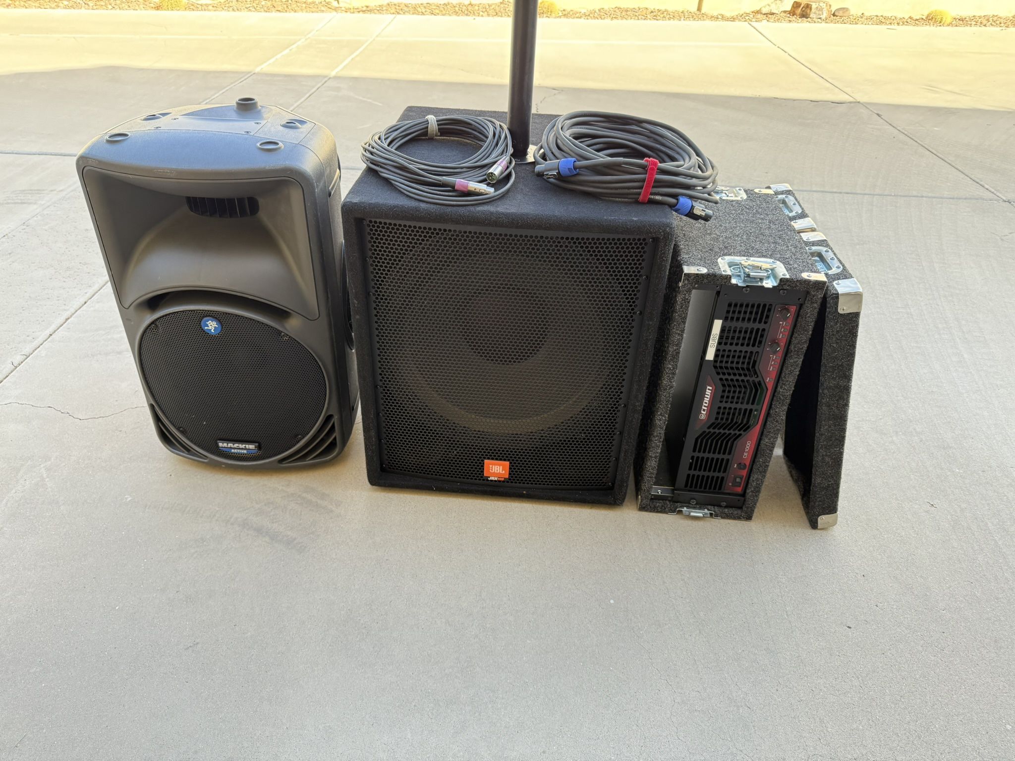 JBL Sub Woofers + Amp & Mackie Powered Speakers