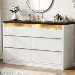 White Modern 6 Drawer Dresser for Bedroom with LED Light