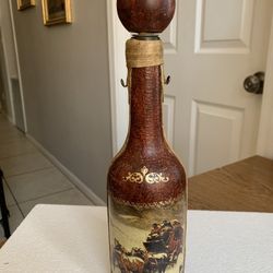 Italian Leather Wrapped Covered Vintage Bottle Decanter w Stopper Wagon Horses