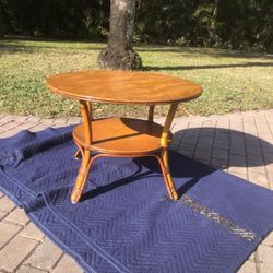 Mid Century Wood Rattan 2 Tier Round coffee Table, Side Table 