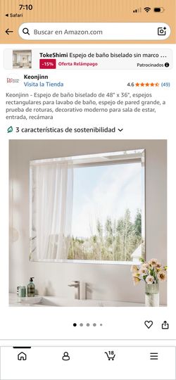 Keonjinn 48" x 36" Beveled Frameless Bathroom Mirror, Shatterproof, Modern